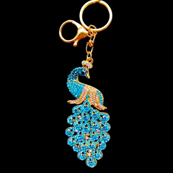 Stunningly Gorgeous XL Blue/Turquoise Rhinestone Peacock Bag Charm/Keychain, EUC - Picture 1 of 1